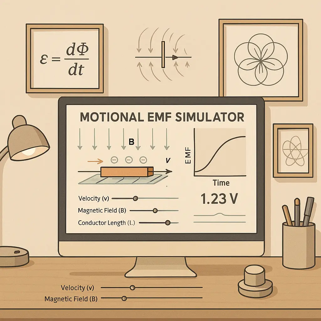 Een gestileerde, minimalistische visualisatie van een natuurkunde-simulator, met vloeiende gradiënten en subtiele texturen. De interface toont schuifregelaars, een formulevak en vectorpijlen die beweging, veld en lengte weergeven.