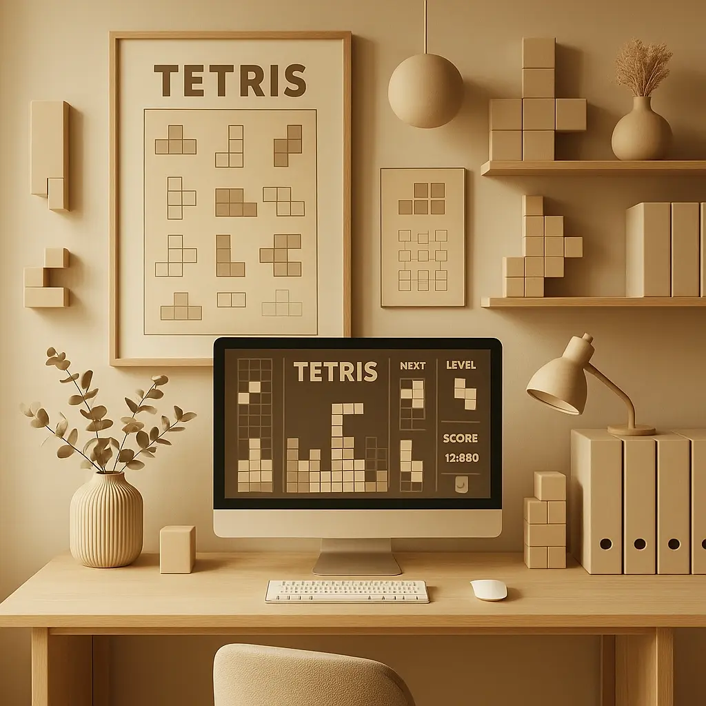 Een gestileerde, minimalistische visualisatie van een Tetris-game interface, in warme neutrale tinten. Het ontwerp toont vallende tetromino's, een scorepaneel en level-indicatoren, allemaal binnen een rustige, design-gerichte werkruimte.